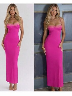 HOUSE OF CB 'Aiza' Raspberry Lace Trimmed Maxi Dress /Size S-US 4-6 $255